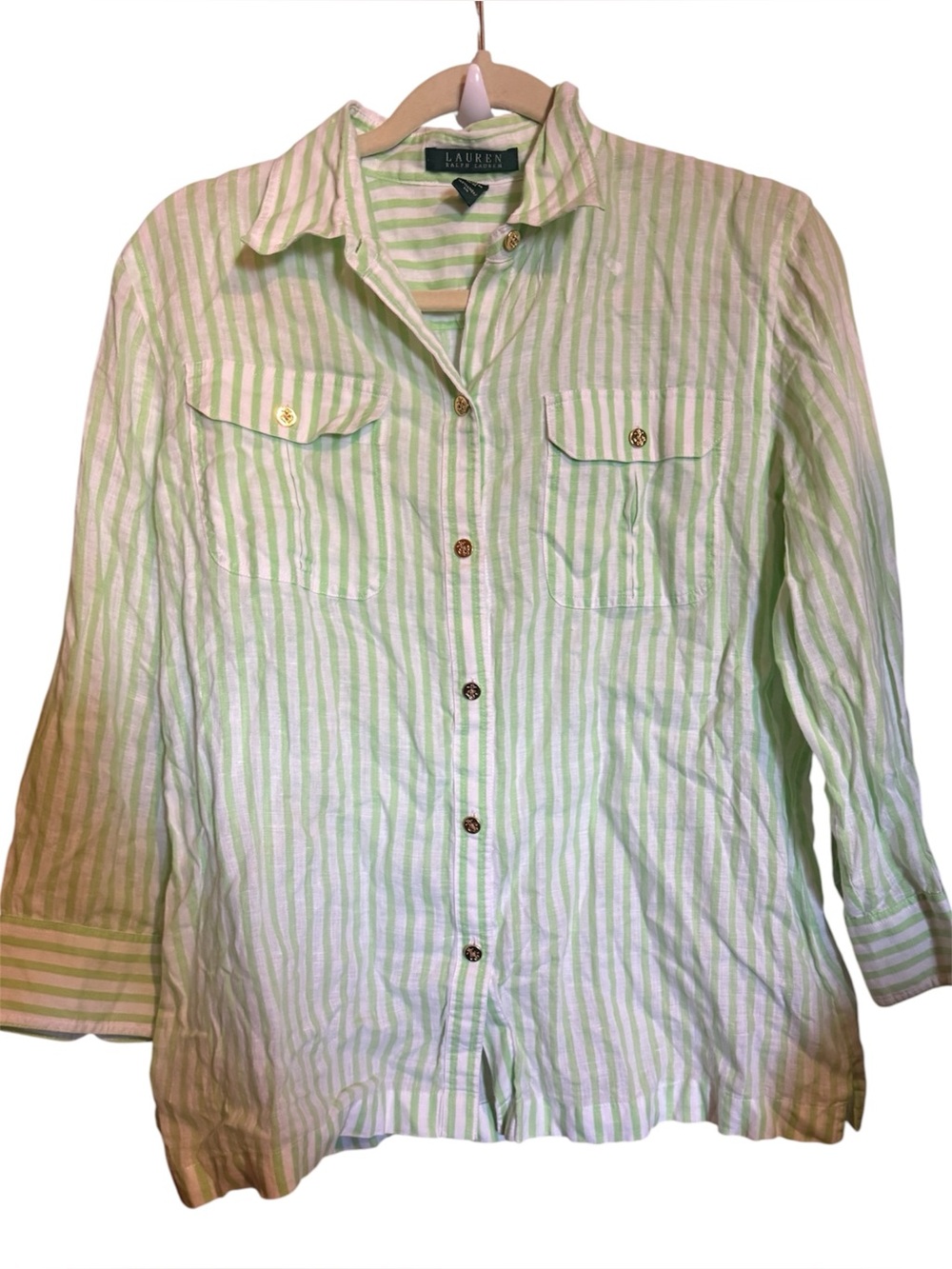 Lauren Ralph Lauren Green & White Striped Button-Up linen Shirt ladies medium